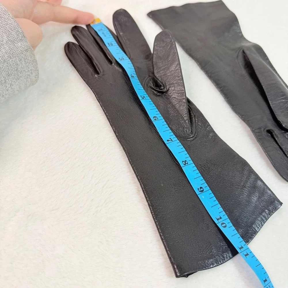 Vintage Black Leather Gloves Floral Lace Cutout Mid Length Formal Evening Womens